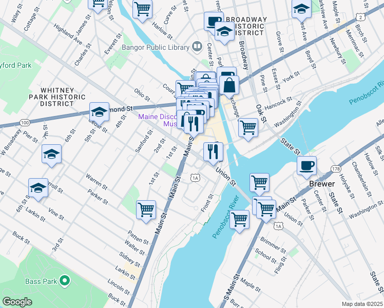 map of restaurants, bars, coffee shops, grocery stores, and more near 102 Union Street in Bangor