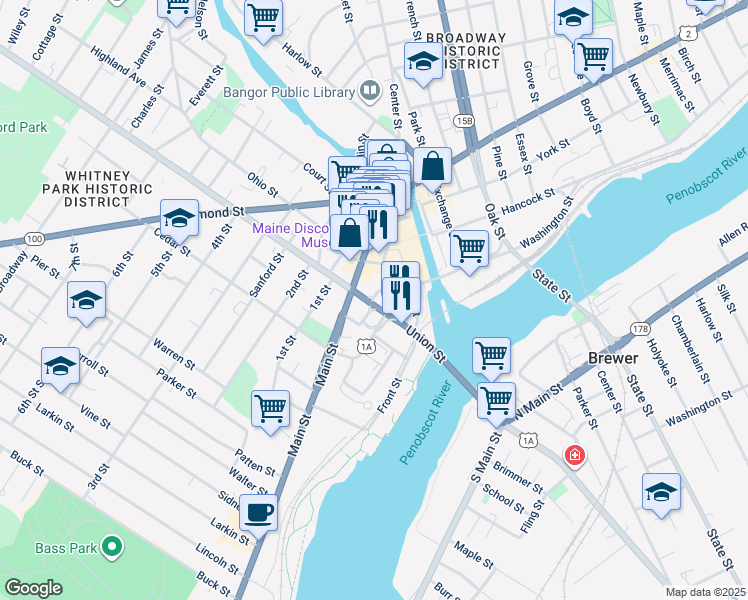 map of restaurants, bars, coffee shops, grocery stores, and more near in Bangor