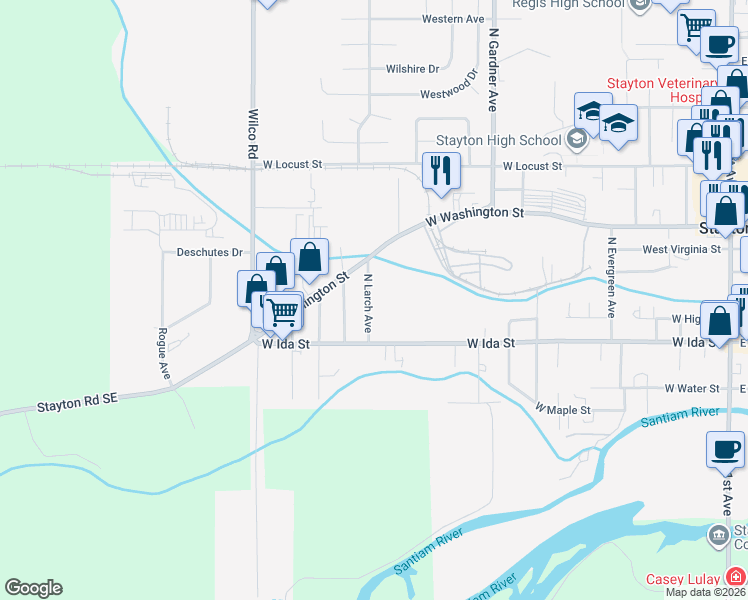 map of restaurants, bars, coffee shops, grocery stores, and more near 492 North Larch Avenue in Stayton