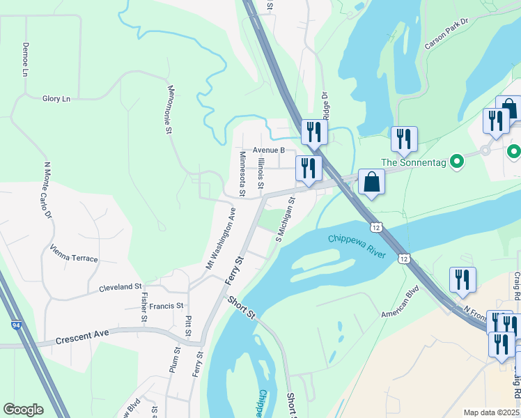 map of restaurants, bars, coffee shops, grocery stores, and more near 120 Ferry Street in Eau Claire