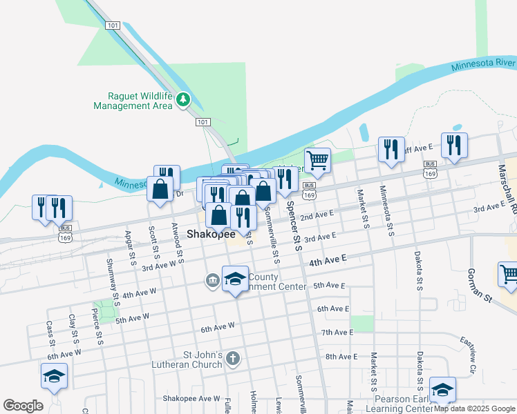 map of restaurants, bars, coffee shops, grocery stores, and more near 225 1st Avenue East in Shakopee