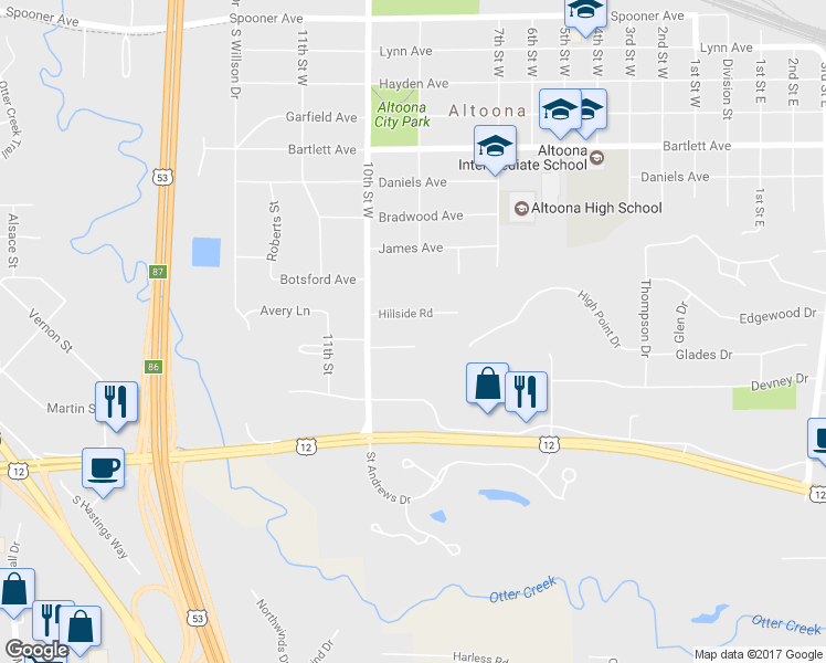 map of restaurants, bars, coffee shops, grocery stores, and more near 2303 Hillside Road in Altoona