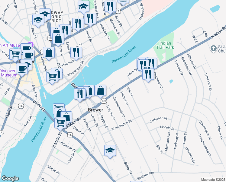 map of restaurants, bars, coffee shops, grocery stores, and more near 340 North Main Street in Brewer