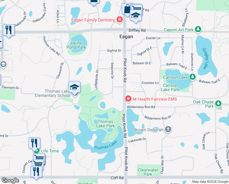 map of restaurants, bars, coffee shops, grocery stores, and more near 1412 Walfrid Street in Eagan