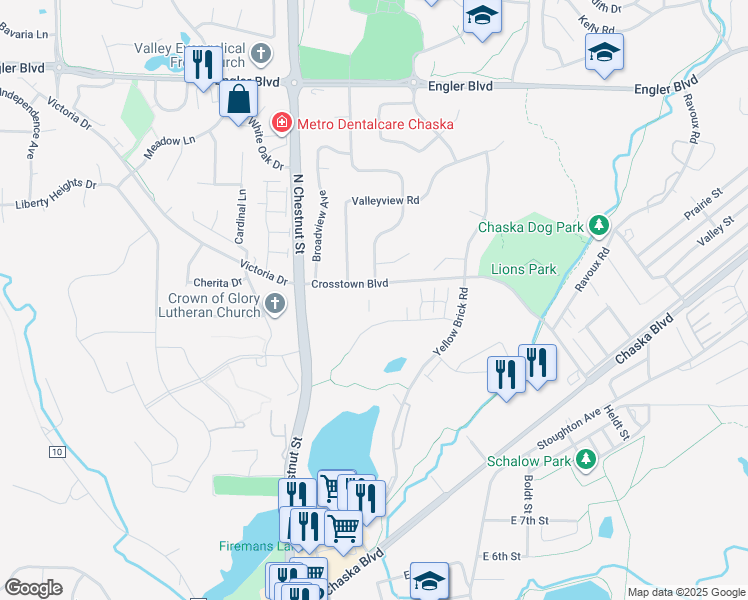 map of restaurants, bars, coffee shops, grocery stores, and more near 305 Crosstown Boulevard in Chaska