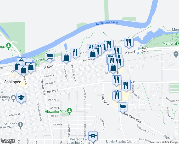 map of restaurants, bars, coffee shops, grocery stores, and more near 1006 2nd Avenue East in Shakopee