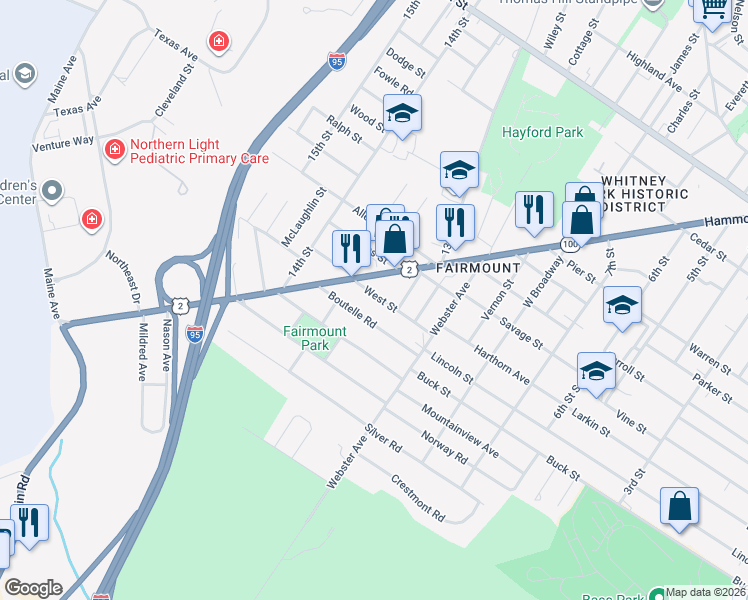 map of restaurants, bars, coffee shops, grocery stores, and more near 63 West Street in Bangor