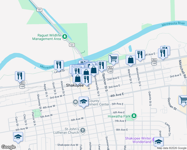 map of restaurants, bars, coffee shops, grocery stores, and more near 312 1st Avenue East in Shakopee
