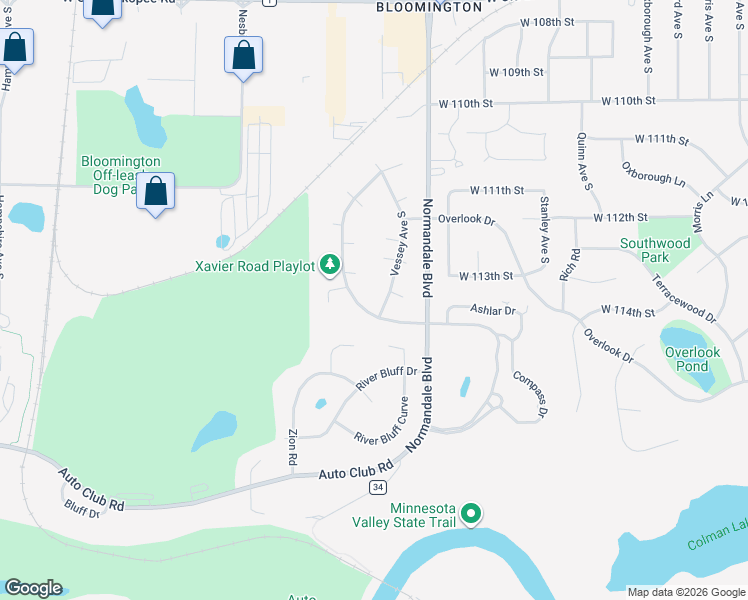 map of restaurants, bars, coffee shops, grocery stores, and more near 11302 Vessey Avenue South in Minneapolis
