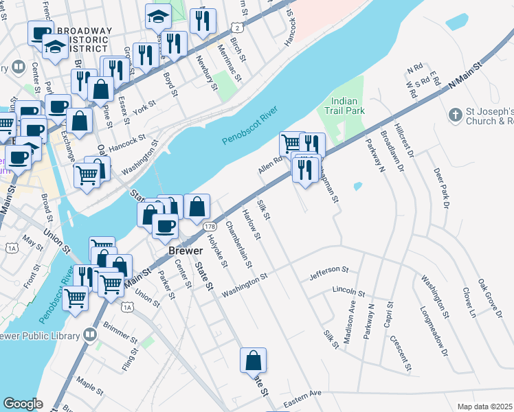 map of restaurants, bars, coffee shops, grocery stores, and more near 361 North Main Street in Brewer