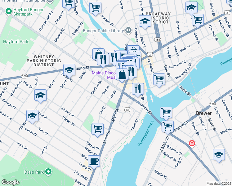 map of restaurants, bars, coffee shops, grocery stores, and more near 6 1st Street in Bangor