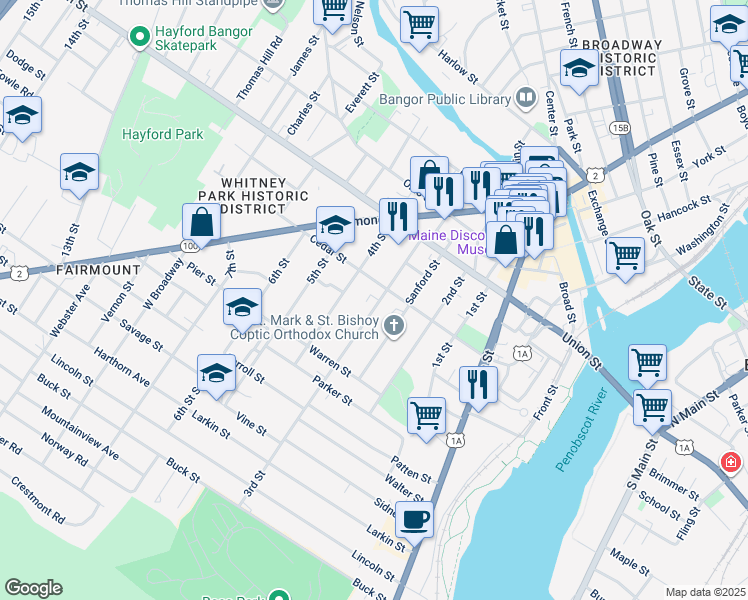 map of restaurants, bars, coffee shops, grocery stores, and more near 54 3rd Street in Bangor