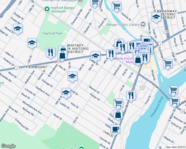 map of restaurants, bars, coffee shops, grocery stores, and more near 68 5th Street in Bangor