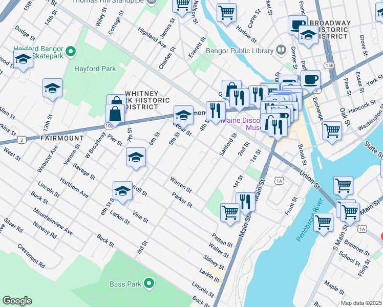 map of restaurants, bars, coffee shops, grocery stores, and more near 88 4th Street in Bangor