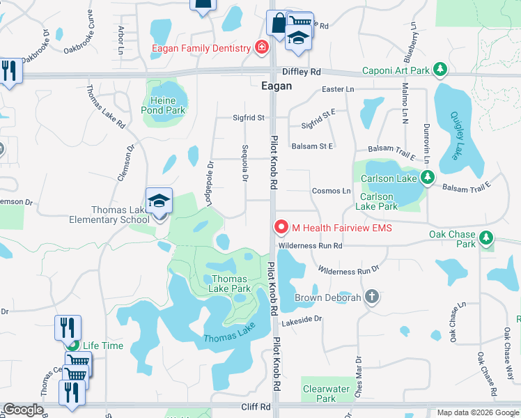 map of restaurants, bars, coffee shops, grocery stores, and more near 1412 Walfrid Street in Eagan