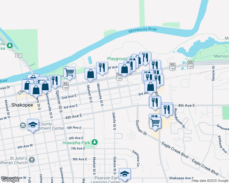 map of restaurants, bars, coffee shops, grocery stores, and more near 917 2nd Avenue East in Shakopee
