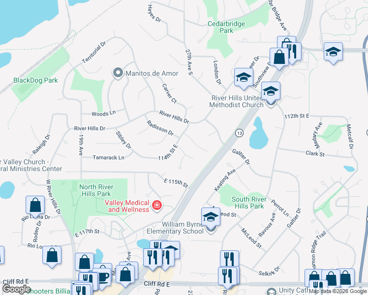 map of restaurants, bars, coffee shops, grocery stores, and more near 11401 Christansen Court in Burnsville