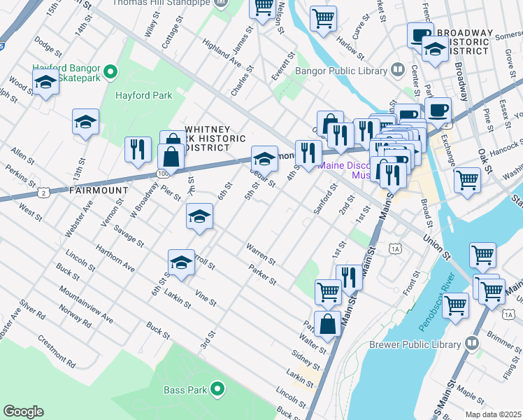 map of restaurants, bars, coffee shops, grocery stores, and more near 79 4th Street in Bangor