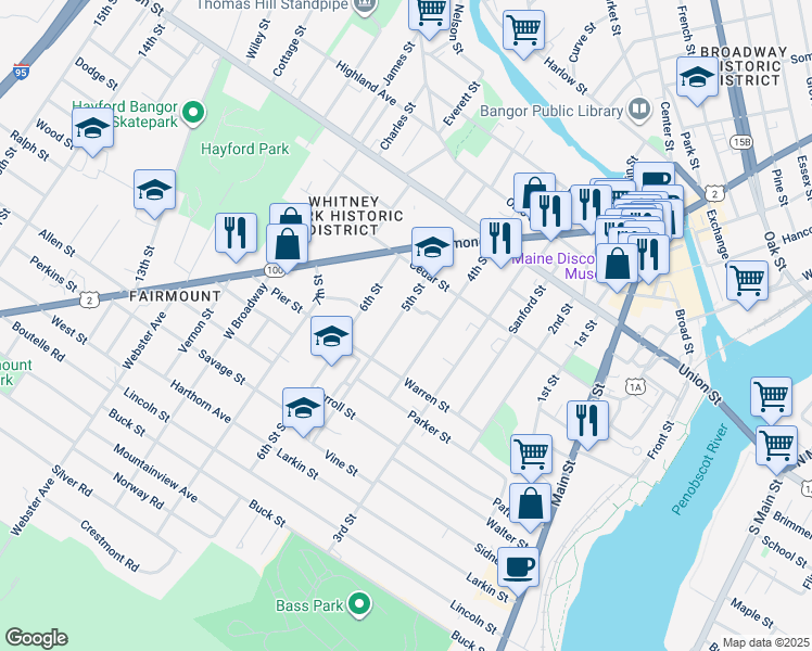 map of restaurants, bars, coffee shops, grocery stores, and more near 68 5th Street in Bangor