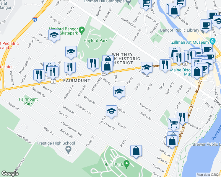 map of restaurants, bars, coffee shops, grocery stores, and more near 47 7th Street in Bangor