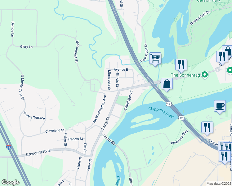 map of restaurants, bars, coffee shops, grocery stores, and more near 101 Ferry Street in Eau Claire