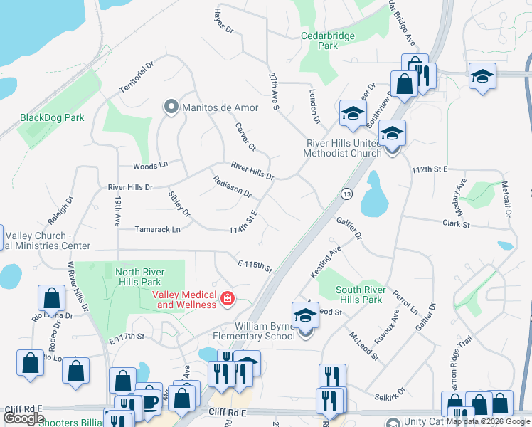 map of restaurants, bars, coffee shops, grocery stores, and more near 11401 Christansen Court in Burnsville