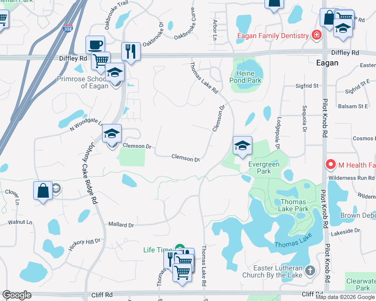 map of restaurants, bars, coffee shops, grocery stores, and more near 1583 Clemson Drive in Eagan