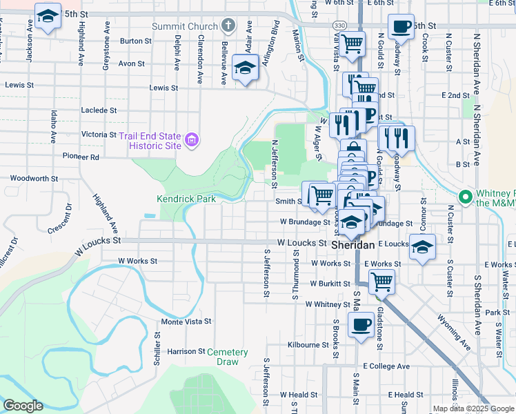 map of restaurants, bars, coffee shops, grocery stores, and more near 426 Smith St in Sheridan