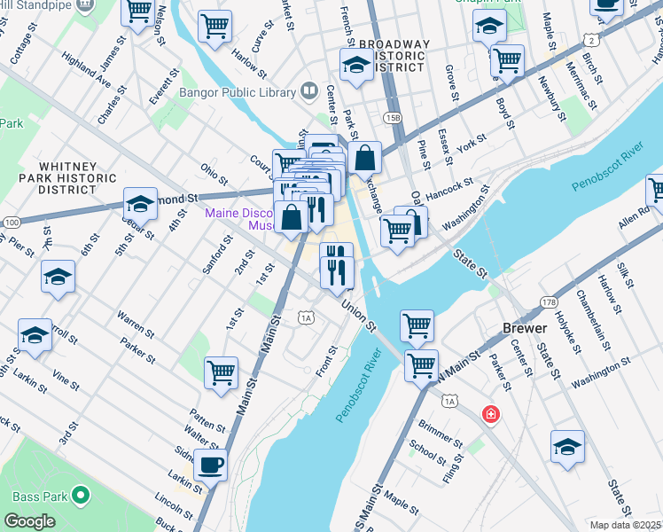 map of restaurants, bars, coffee shops, grocery stores, and more near 23 Water Street in Bangor