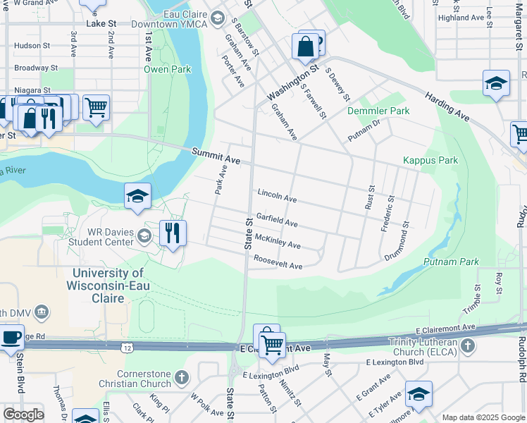 map of restaurants, bars, coffee shops, grocery stores, and more near 322 Garfield Avenue in Eau Claire