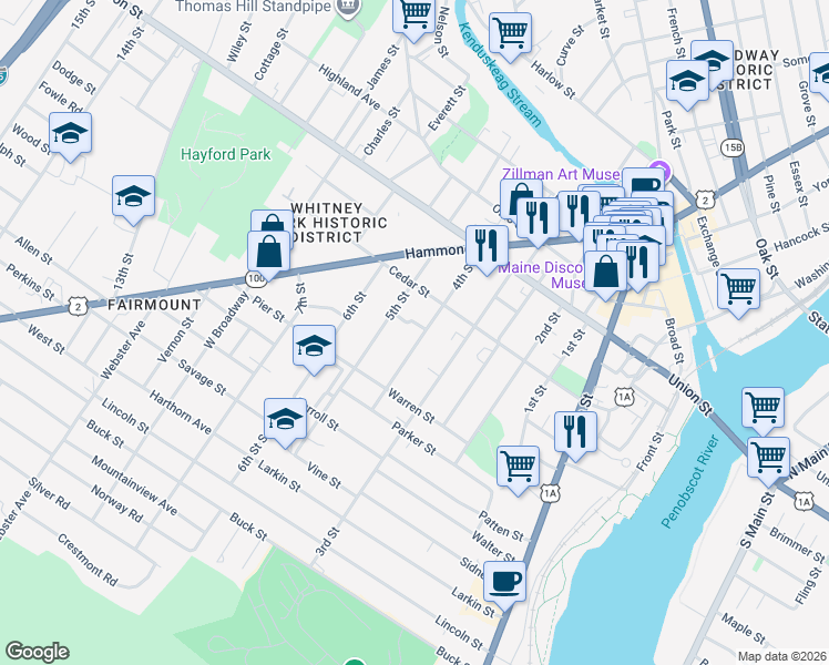 map of restaurants, bars, coffee shops, grocery stores, and more near 88 4th Street in Bangor