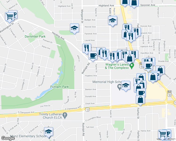 map of restaurants, bars, coffee shops, grocery stores, and more near 1707 Goff Avenue in Eau Claire