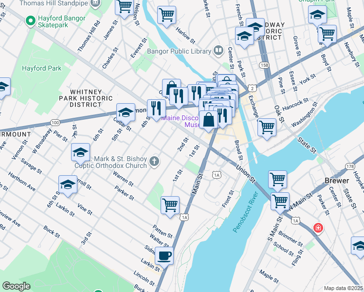 map of restaurants, bars, coffee shops, grocery stores, and more near 28 2nd St in Bangor