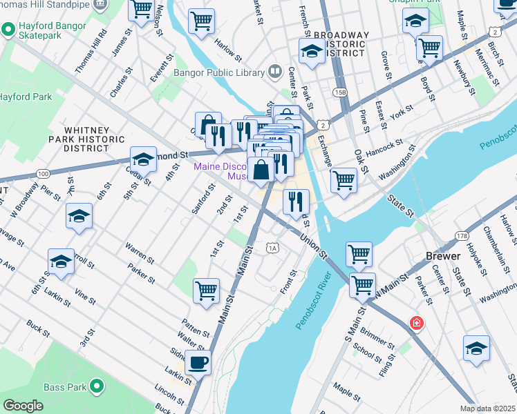 map of restaurants, bars, coffee shops, grocery stores, and more near 6 1st Street in Bangor