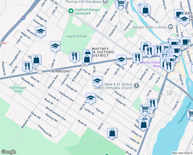 map of restaurants, bars, coffee shops, grocery stores, and more near 72 Pier Street in Bangor