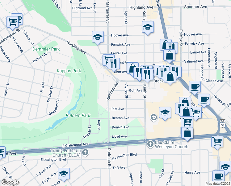 map of restaurants, bars, coffee shops, grocery stores, and more near 1707 Goff Avenue in Eau Claire