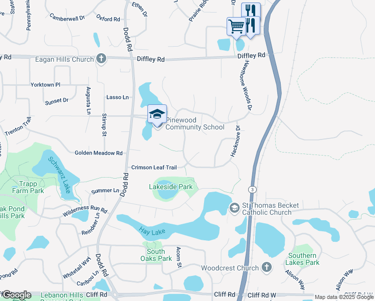 map of restaurants, bars, coffee shops, grocery stores, and more near 624 Hackmore Drive in Eagan