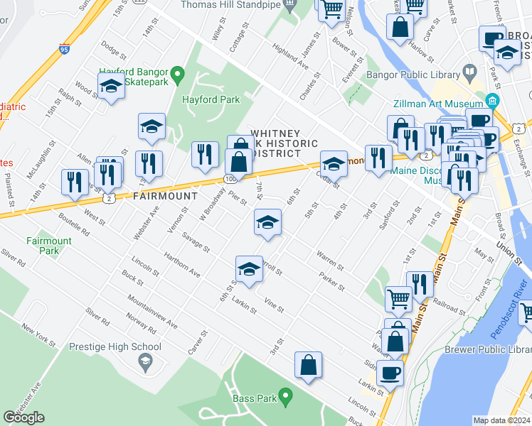 map of restaurants, bars, coffee shops, grocery stores, and more near 72 Pier Street in Bangor