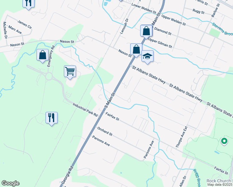 map of restaurants, bars, coffee shops, grocery stores, and more near 229 South Main Street in Saint Albans City