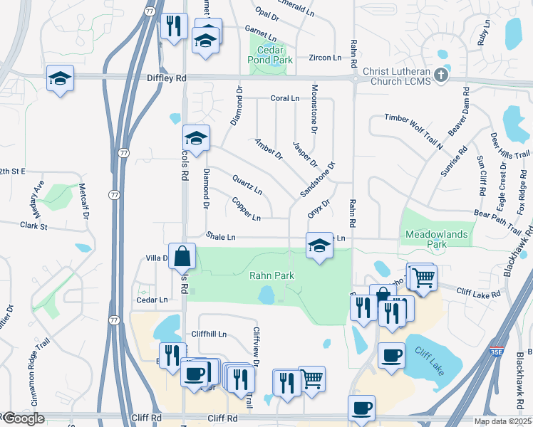 map of restaurants, bars, coffee shops, grocery stores, and more near 2048 Quartz Lane in Eagan