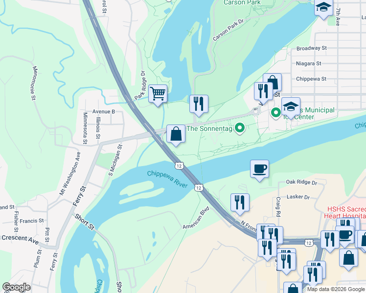 map of restaurants, bars, coffee shops, grocery stores, and more near 1211 Menomonie Street in Eau Claire