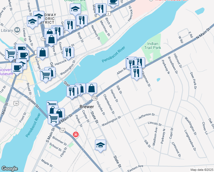 map of restaurants, bars, coffee shops, grocery stores, and more near 340 North Main Street in Brewer