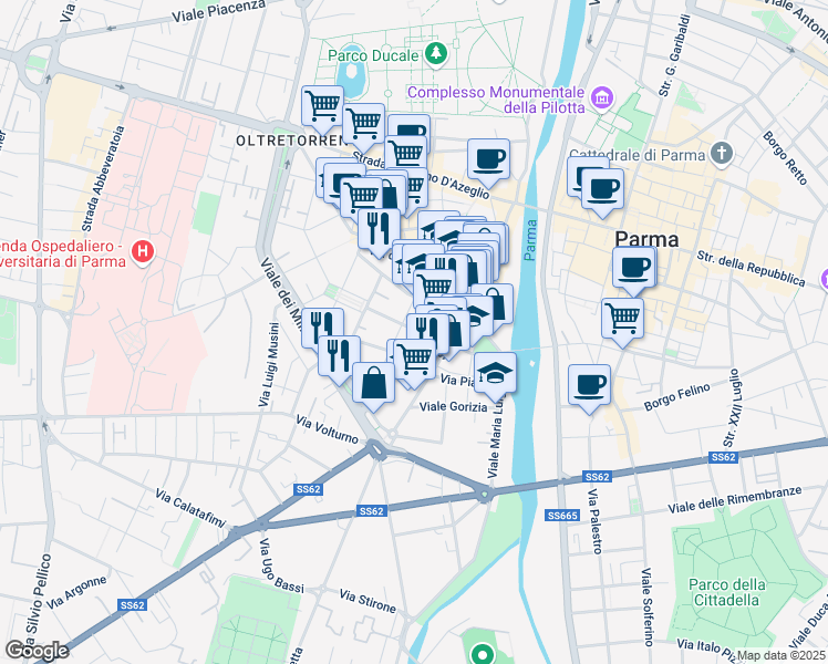 map of restaurants, bars, coffee shops, grocery stores, and more near 12 Via Padre Lino in Parma