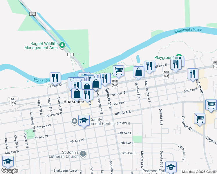 map of restaurants, bars, coffee shops, grocery stores, and more near 404 1st Avenue East in Shakopee
