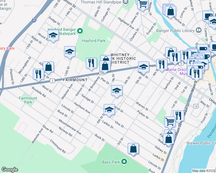 map of restaurants, bars, coffee shops, grocery stores, and more near 47 7th Street in Bangor