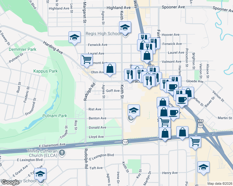map of restaurants, bars, coffee shops, grocery stores, and more near 1907 Goff Avenue in Eau Claire