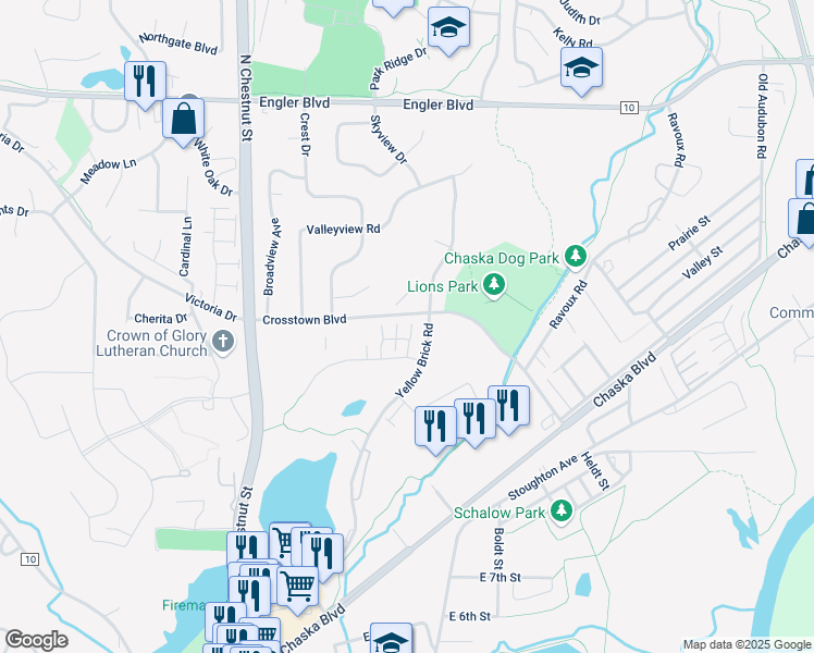 map of restaurants, bars, coffee shops, grocery stores, and more near 368 Brickyard Drive in Chaska