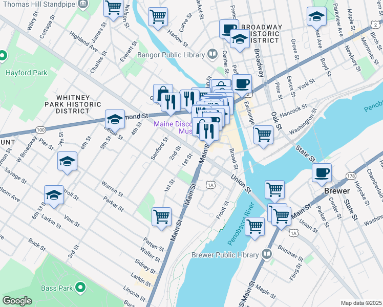 map of restaurants, bars, coffee shops, grocery stores, and more near 6 1st St in Bangor