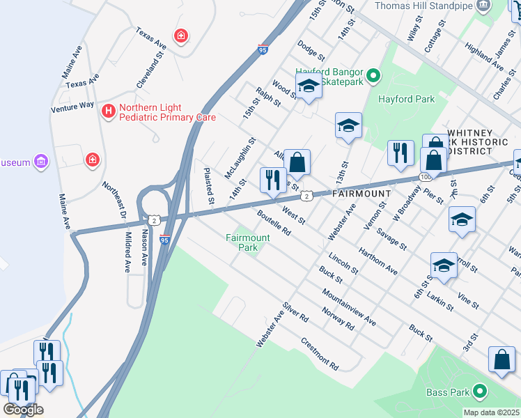map of restaurants, bars, coffee shops, grocery stores, and more near 18 Boutelle Road in Bangor