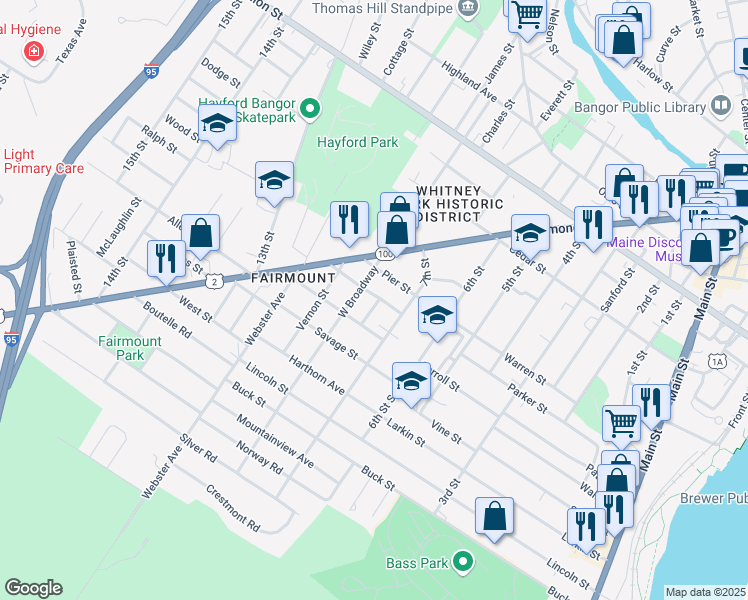 map of restaurants, bars, coffee shops, grocery stores, and more near 49 Bowdoin Street in Bangor